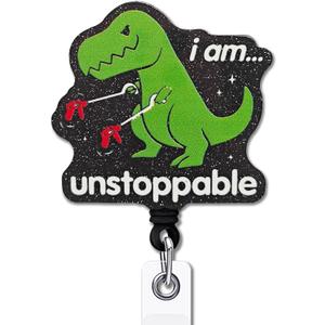 YAZMEEN Inspirational Retractable Badge Reel with Alligator Clip I'm Unstoppable ID Card Badge Holder T-Rex Dinosaur Badge Funny Black Glitter Badge Reel Gift for Office Worker Nurse Doctor Teacher