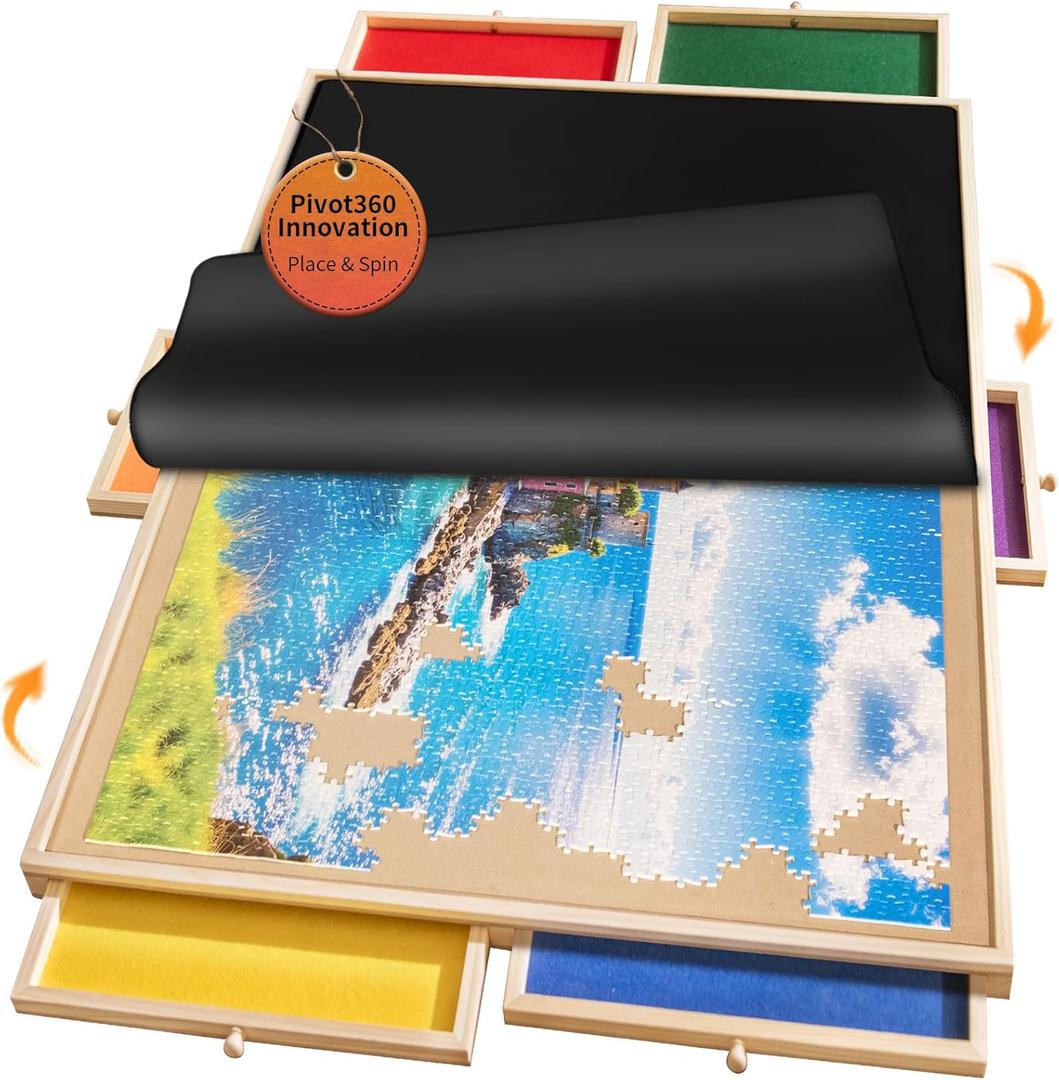 1500 Piece Rotating Puzzle Board Pro, 34" x 25" with 6 Drawers, Rubber Cover Mat, 360 Lasy Susan, Sort-Wise Colorful Felt Drawers & 4 Trays, Wooden Jigsaw Puzzle Table, Birthday Gifts for Mom