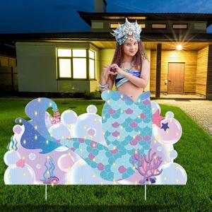 Mermaid Party Decoration Mermaid Tail LED Yard Sign Ocean Themed Party Lawn Decorations with Lights Outdoor Lawn Signs with Stakes Decor for Birthday Decor Photo Prop Supplies