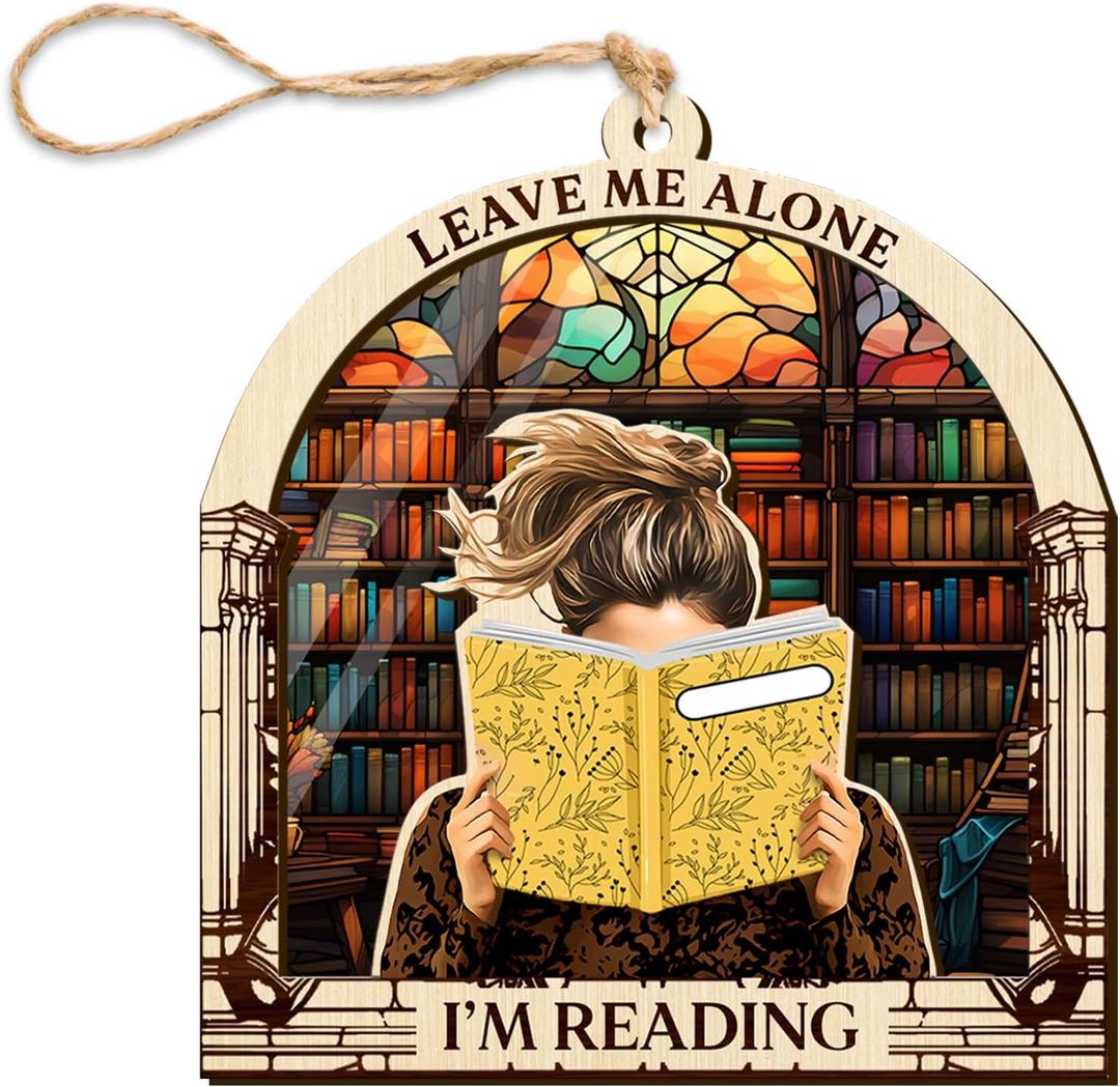 4 x Reading Girl Ornaments, Acrylic Wood Printed Over Ornament for Christmas Tree Hanging Decor, Gift Idea for Reading Lover 3.29 Inches