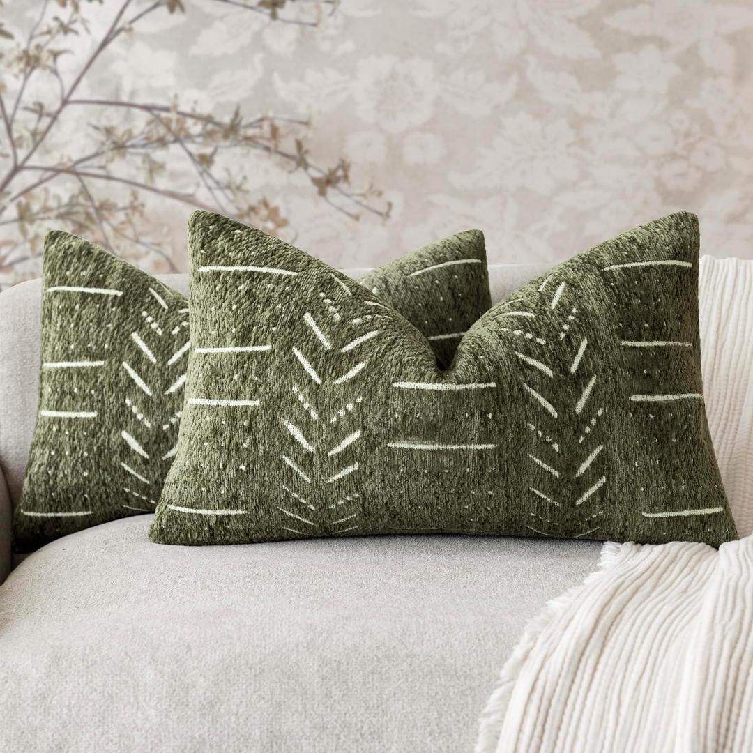 Home Dcor Decorative Boho Chenille Throw Pillow Covers Neutral Lumbar Cushion Covers Textured Soft Farmhouse Pillowcase for Couch Sofa Chair Bed Living, 1220 Inch, Set of 2, Olive Green