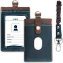 Badge Holder: Boshiho Cowhide Leather ID Badge Card Holder with 19" Neck Lanyard, Vertical Style (Brown-Blue)