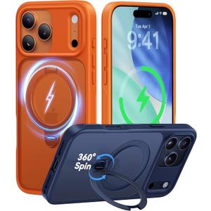 CASEKOO Orange for 17 Pro Max Case with 360 Spin Magnetic Stand [Camera Protection] [18FT Military Grade Protection] [Fit for MagSafe] Ring Grip Slim Matte 17 ProMax Case 6.9 Inch