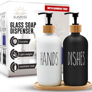 Sunrise Premium 16 OZ Thick White & Black Glass Soap Dispenser, Bamboo Pump with Tray 2 Pack, Hand and Dish Soap Dispenser Set for Bathroom with 6 Waterproof Labels