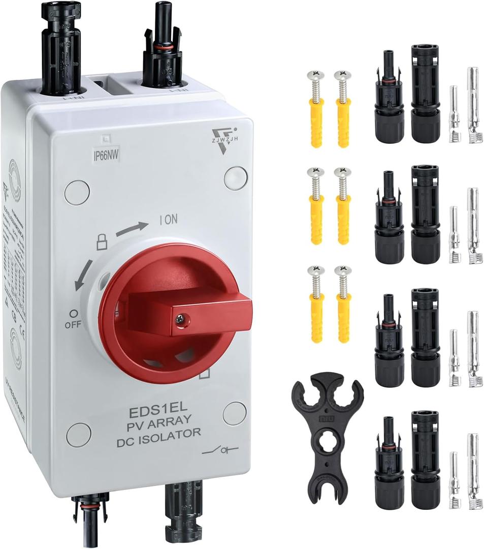 Solar Disconnect Switch DC1500V 32Amp 4-Pole 1-in 1-Out Solar Isolator Switch Solar Panels Disconnect with Waterproof IP66 Enclosure for Rooftop Solar Systems, RVs and Boat