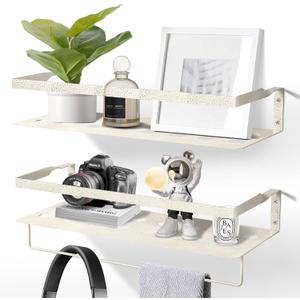 Uten Floating Shelves, Wall Mounted Iron Shelves Set of 2, Bathroom Storage Iron Shelves with Towel Rack, Wall Hanging Organizer Decor Shelf for Bathroom, Kitchen, Bedroom, Living Room