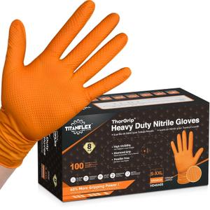 TitanFlex Heavy Duty Industrial Orange Nitrile Gloves, 8mil, Gloves Disposable Latex Free with Raised Diamond Texture Grip, Powder Free, Rubber Glove, Mechanic Gloves,100ct Box (XL)