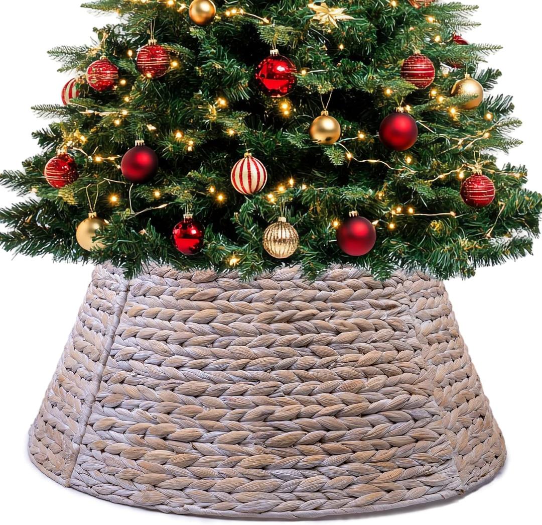 CLAYNIX Tree Collar - Large to Small Christmas Tree, 28" Christmas Tree Ring Adjustable Water Hyacinth Skirt, Christmas Tree Skirt for Decoration, Base Protection from Pets (White)