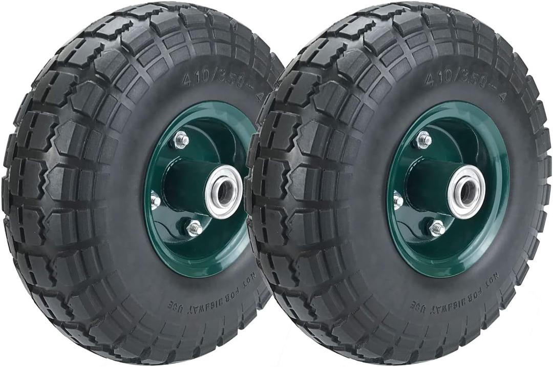 2 Pcs 10" Flat Free Tires Solid Pneumatic Tires Wheels, 4.10/3.50-4 Air Less Tires with 5/8 Center Bearings, for Wheelbarrow/Trolley Dolly/Garden Wagon Carts/Hand Truck/Wheel Barrel/Lawn Mower, 2 Pack