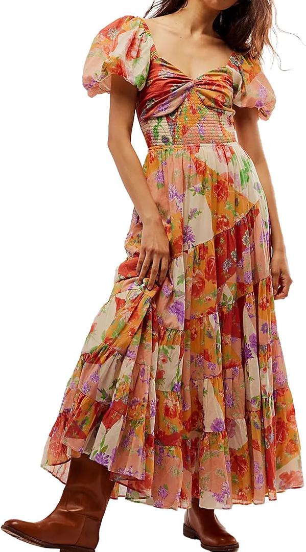 ABYOVRT Women Floral Maxi Dress Short Puff Sleeve V Neck Bohemian Flowy Dress Smocked Casual Spring Summer Dresses (L)