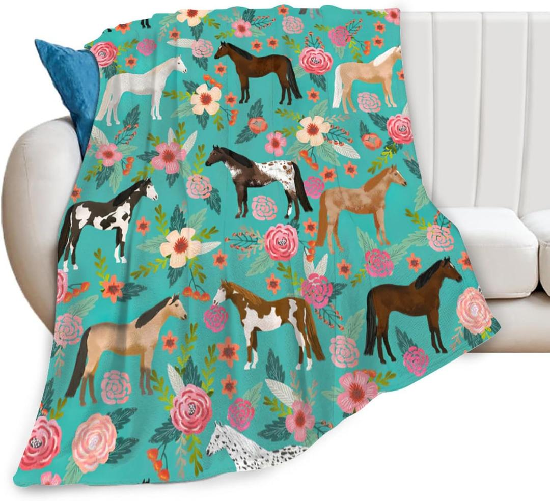 Horse Blanket Gifts for Girls Women Cute Horses Flowers Flannel Fleece Throw Blanket Soft Warm Fuzzy Floral Blanket for Horse Lovers Decor Bed Couch Living Room for Teens 60"x50"
