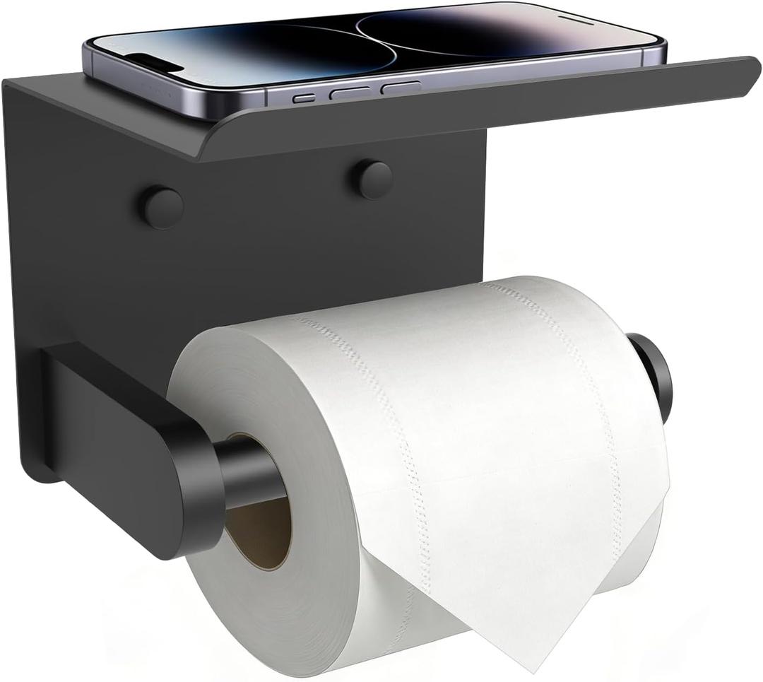 SetSail Toilet Paper Holder with Shelf Adhesive or Screw Bathroom Toilet Paper Roll Holders Wall Mount Matte Black Tissue Holder for Bathroom Hardware Accessories (1 Pack)
