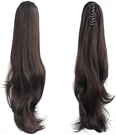 Ponytail Extension,24" Dark Brown Claw Clip Hair Extensions for Women Straight Hair Piece Synthetic Wavy Pony Tail Halloween Fluffy Daily Use 1 Pack