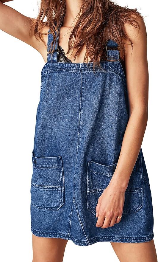 Womens Denim Overalls Dress Casual Summer Loose Bib Rompers Jumpers Adjustable Straps Jean Overall Dress, L