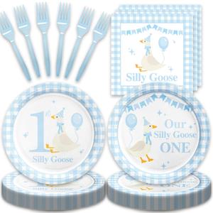 48Pcs Silly Goose 1st Birthday Party Decorations Blue Paper Plates and Napkins Forks Sets Party Supplies for Birthdays Baby Shower Decorations One Silly Goose Birthday Decor Boy (Red)