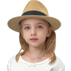 Jastore Little Kids Girls Boys Summer Fedora Straw Hat Wide Brim Floppy Beach Sun Visor Hat (6-9 Years, Style B-khaki)