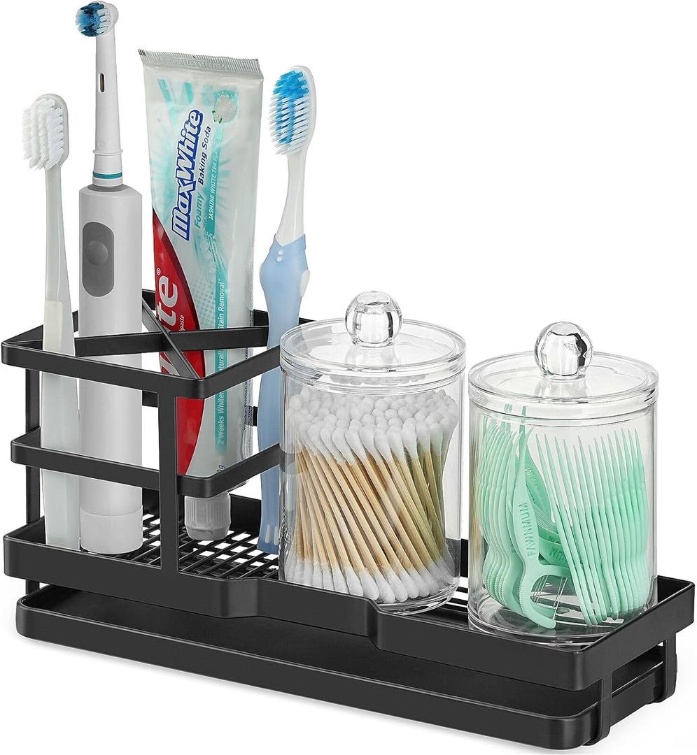 MYITYARD Toothbrush Holders for Bathrooms, Cotton Swabs & Cups Dispenser Set - Metal Electric Tooth Brushing & Toothpaste Countertop Organizer with Drainage for Shower, Sink - Black