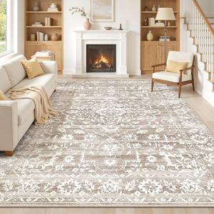 Soalmost 8x10 Washable Area Rugs for Living Room, Vintage Floral Stain Resistant Non-Slip Low Pile Neutral Rug Soft Throw Large Carpet for Dining Room Bedroom Home Office (Light Brown, 8'x10')