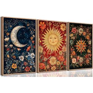3Pcs Sun And Moon Celestial Wall Art Tarot painting Decor Pictures Astrology Gothic Wildflowers Star Canvas Posters Prints for Bedroom Office Living Room Bathroom Home Decoration Unframed