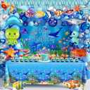 Under the Sea Party Decorations 98Pcs, Ocean Theme Birthday Party Supplies Include Backdrop Tablecloth Bubble Garlands Cake Topper Ocean Animals Balloons for Pool Beach Party Baby Shower (Ocean-01)