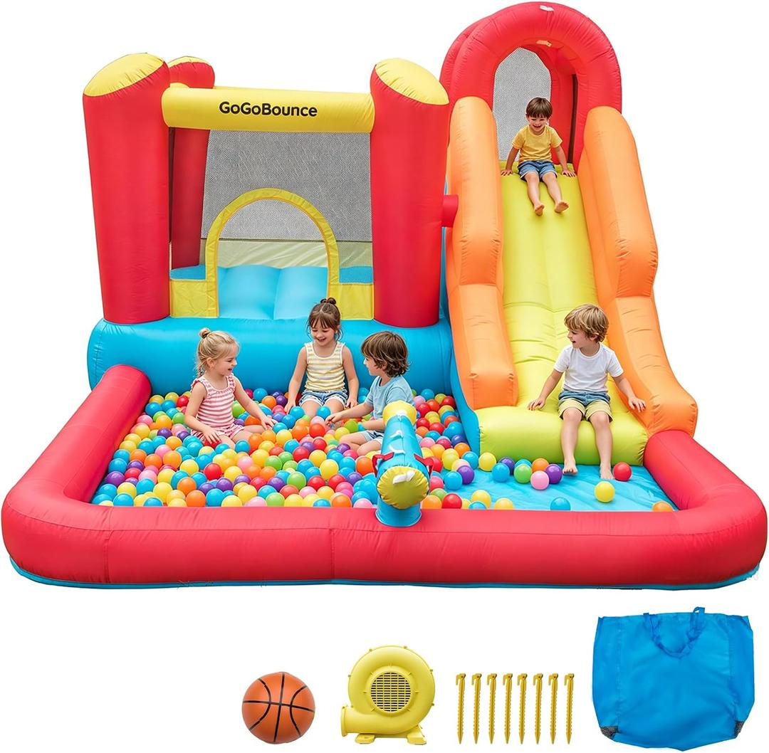 Inflatable Bouncy Castle with Slide, 146" L Indoor Kids Combo Bounce House for Birthday Party, Rainy Snowy Day, All-Season Garage Basement Playhouse Ages 3-10, XXL