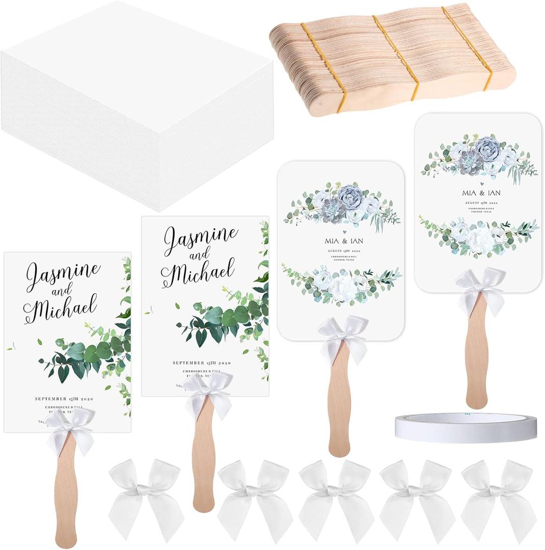 TaoBary 50 Set Church Fans Handheld Kit, DIY Wedding Fans with Wavy Wooden Sticks, Blank Cardstock, White Bows & Tape