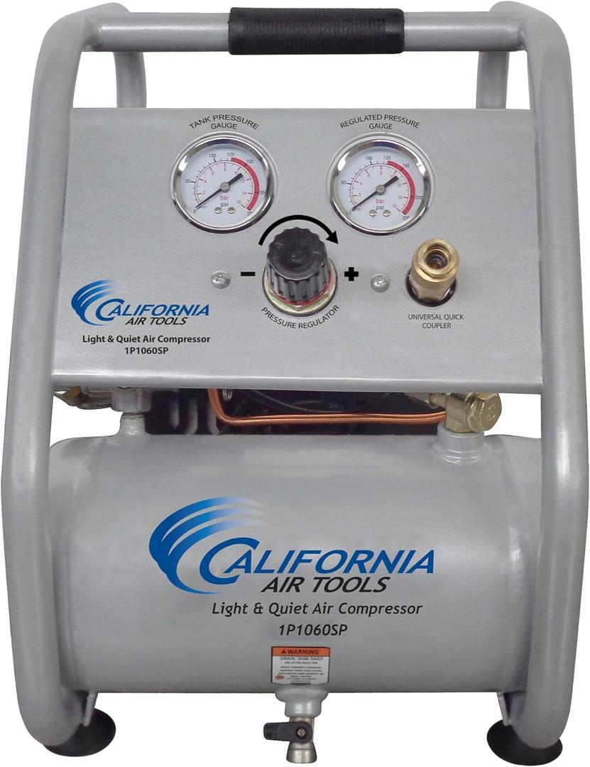California Air Tools CAT-1P1060SP Light & Quiet Portable Air Compressor, Lightweight, Ultra Quiet, Oil-Free, 1 Gallon Steel Tank, .6 HP, 56 dBA Noise Level (Silver)