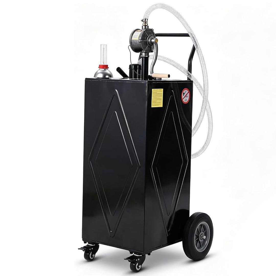 Garvee 30 Gallon Fuel Caddy with Manual Transfer Pump, Portable Gas Storage Tank on 4 Wheels, Gasoline & Diesel Fuel Storage Tank for Cars, Lawn Mowers, ATVs, Boats, More, Black