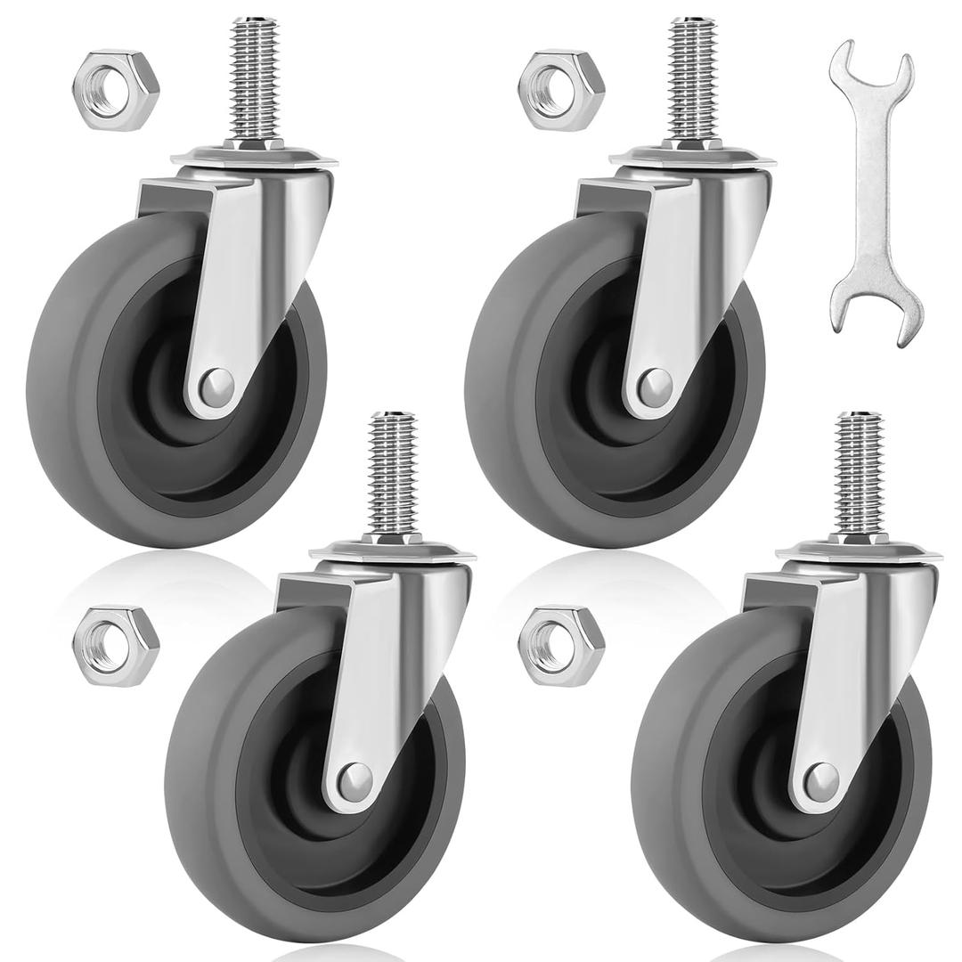 4 Inch Caster Wheels, 1/2"-13 Inch Course Threaded Stem Caster Set of 4, Heavy Duty TPR Swivel Caster Wheels for Dolly Cart, Wire Shelving Industrial Screw in Casters