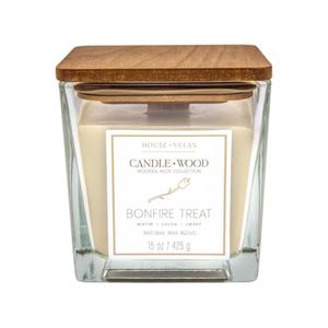 House of Velas Candle Wood Collection, 15 oz, 1 Wooden Wick, Bonfire Treat, Square Glass Jar Candle