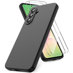 for Samsung Galaxy A56 5G Case, 2 Pack Tempered Glass Screen Protectors, Soft TPU Liquid Silicone Case, Shockproof Rubber Silicone Gel Shell-Black