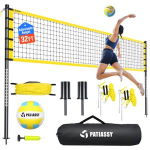 Outdoor Volleyball Net Set for Backyard & Beach, 32FT Regulation Size, Easy Setup Adjustable Height Poles, Portable Net System with PU Volleyball, Pump & Carry Bag
