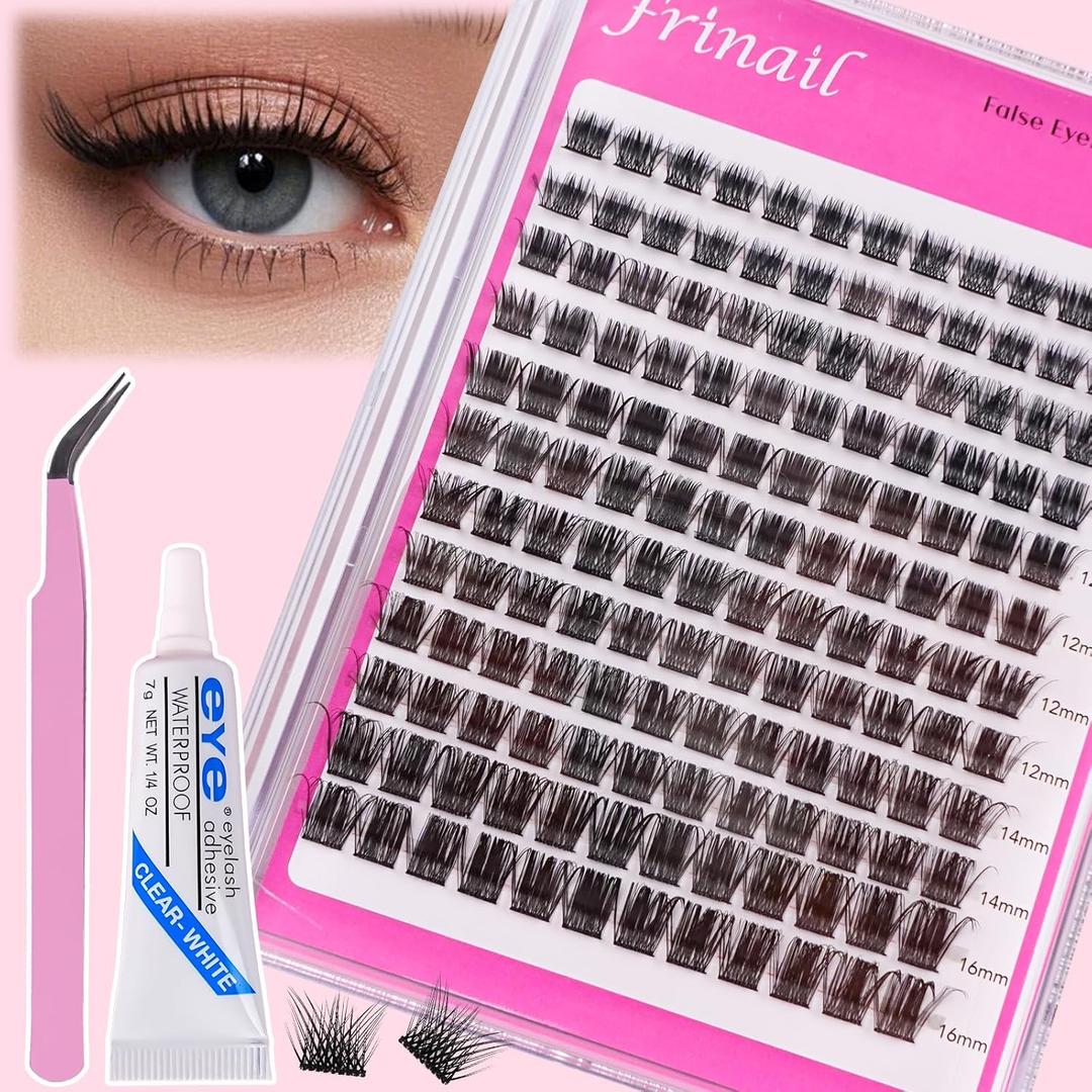 Fluffy Lash Clusters Kit Wispy Natural Cluster Eyelash Extension Kit 144pcs 8-16mm Individual D Curl Cluster Lash Extension Kit with Glue And Lash Applicator for DIY