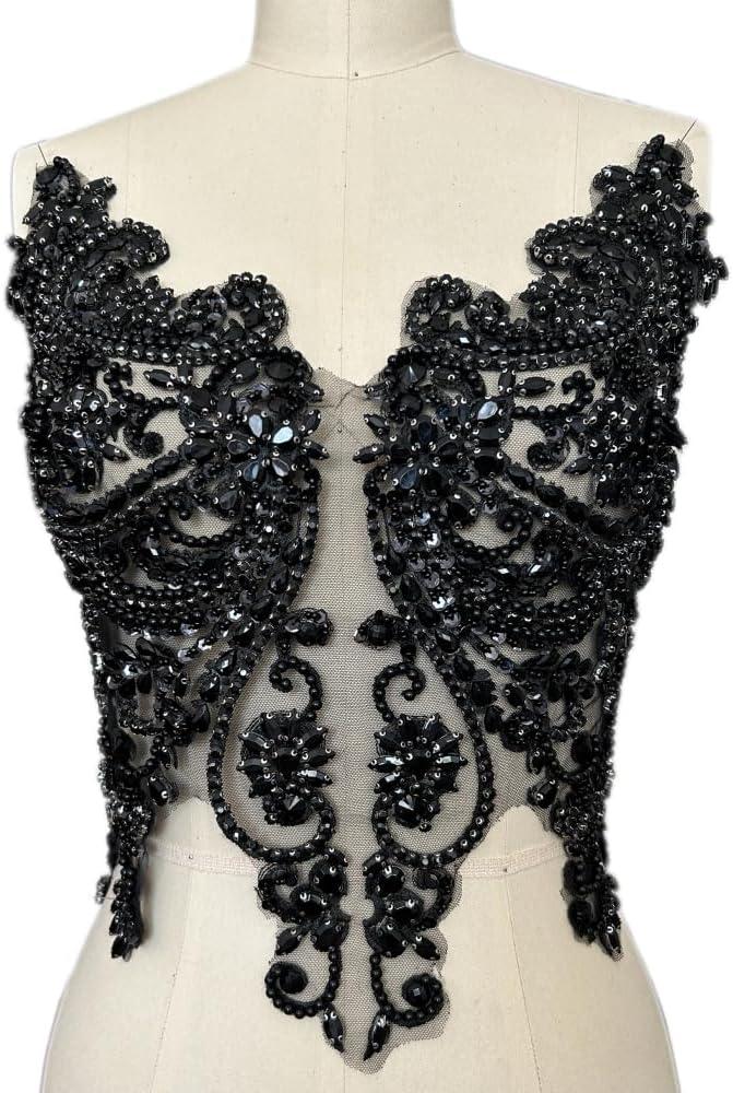 Handmade Rhinestones Lace Appliques Sew on Glass Beads Bodice Trim Patches Accessory for Dress Clothes (Black)