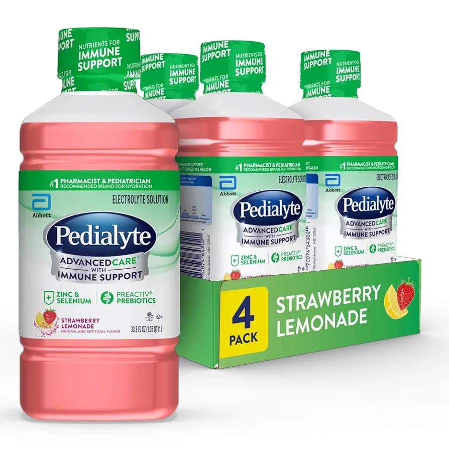 Pedialyte AdvancedCare Electrolyte Solution Has PreActivPrebiotics | Hydration Drink | Strawberry Lemonade, 1 Liter, Pack of 4