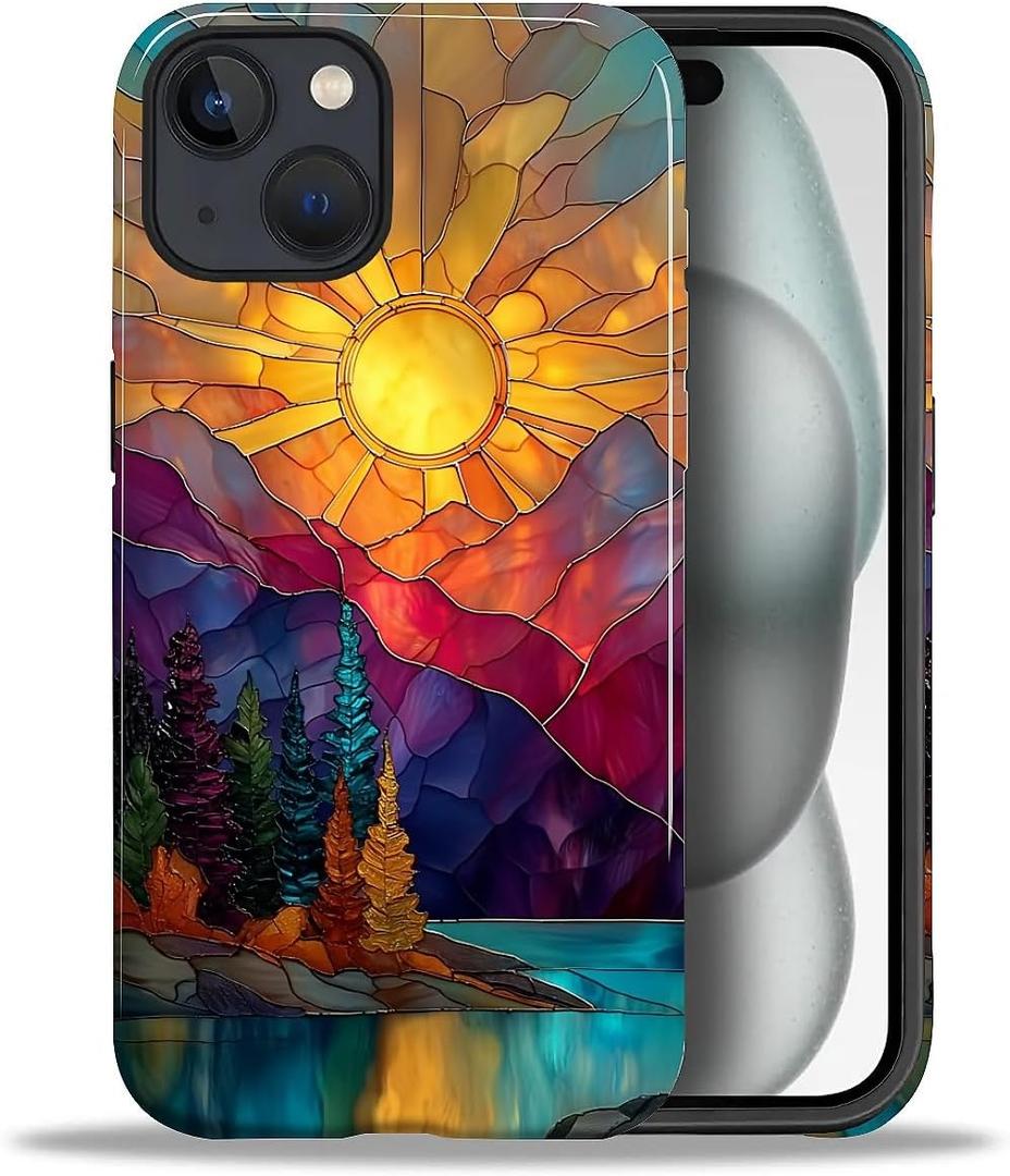 DAIZAG Case for iPhone 15,Mountain Range Sunrise Stained Glass Full-Body Design Hybrid Dual Protection Soft TPU Hard PC Shockproof Scratch-Resistant Protective Cover Phone Case for Men Women