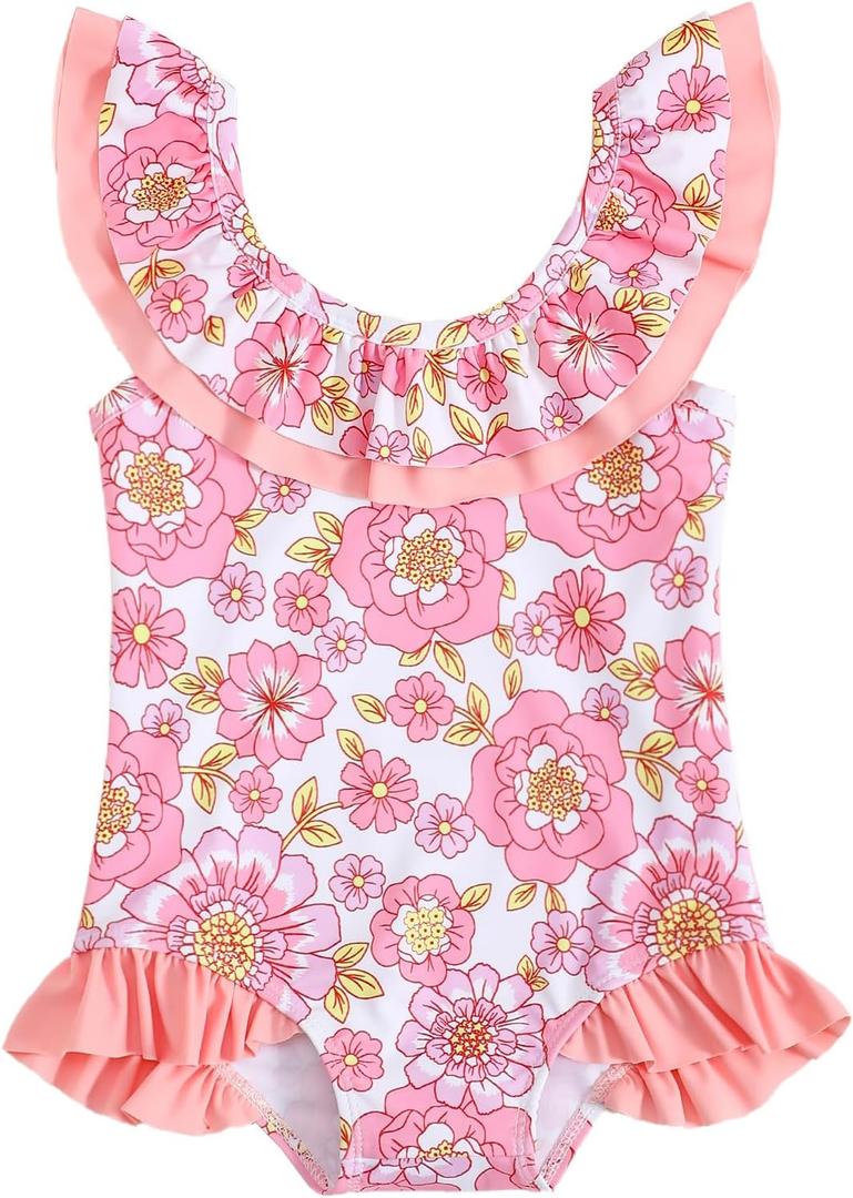 Kucnuzki Baby Girl Swimsuit Toddler One Piece Bathing Suit Ruffles Bikini Tankini Set Summer Beach Swimwear (6-7 Years, Pink Flower)