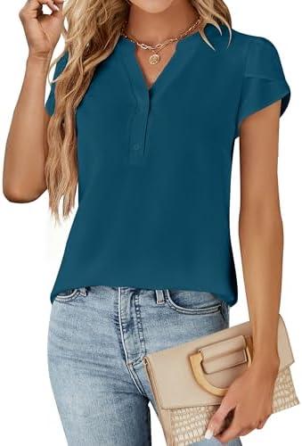 Blooming Jelly Womens Dressy Casual Tops Business Casual Cap Sleeve Work Blouses Chiffon V Neck Button Down Shirts, Small
