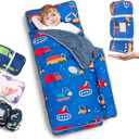 Primlect Thickened Toddler Nap Mat with Removable Pillow and Minky Blanket, Extra Large 55''x35'' Sleeping Bag, Washable, Roll up, Perfect for Daycare, Preschool, Kindergarten, Boys and Girls Blue Car