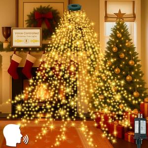 Voice Controlled Easy Christmas Tree Lights, 592LED Cascading Twinkle Lights 9.8FT 16 Lines Waterproof Waterfall Tree Light with 12 Modes for 8ft-10ft Christmas Tree Indoor Outdoor Decor (Warm White)