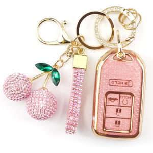 Sparkly Key Fob Cover with Cherry Keychain, Bling TPU Smart Key Case for Women, Compatible with Honda Accord Civic Pilot,Passport,Insight JED Crider Spirior Odyssey (5-Button, Gold Pink)