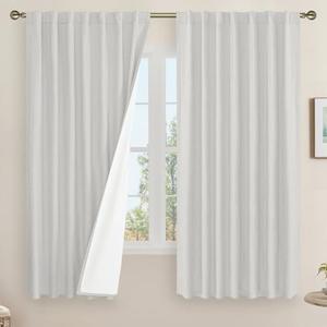 LAMIT 100% Blackout Linen Curtains 63 Inches Long, Linen Textured Living Room Farmhouse Curtains Full Room Darkening Back Tab and Rod Pocket Panels with White Liner, 2 Panels, Light Grey, 60 x 63 Inch