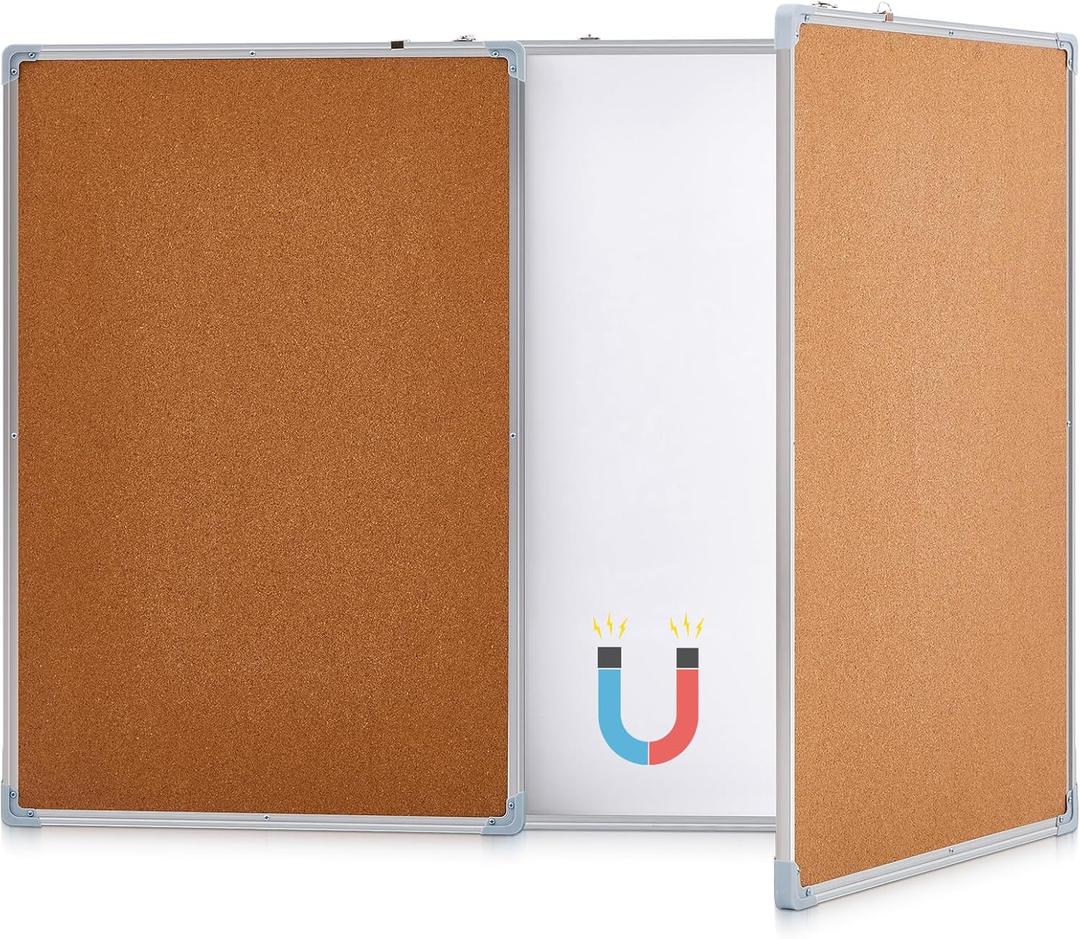 Tri-fold Cork Dry Erase Board, Foldable Whiteboard with Aluminum Frame Wall Mounted Large Vision Board for Door, Home, Office and College(Wood,72"x24")