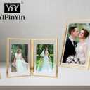 Gold 5x7'' Double Floating Frame For Photo Sizes 3.5 x5'', 4x6'',5x7''Gold Plated Metal double Photo Frames For Counter Shelf Display,Gift Choice for Wedding,Thanksgiving,Home or Office Decor.