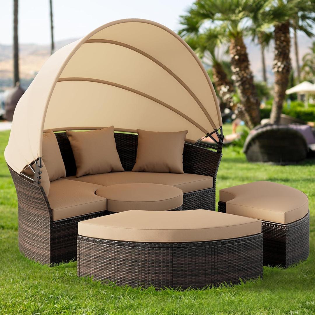 Oakcloud Round Outdoor Daybed with Cushions and Pillows, Wicker Rattan Patio Day Bed with Retractable Canopy, Sectional Sofa Furniture for Backyard Pool Porch Lawn Garden, Brown