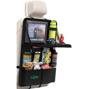 Car Backseat Organizer with Tablet Holder, 11 Storage Pockets with Foldable Food Tray, Protector Kick Mats for Kids, Travel Accessories Organizer (Black, 1 Pack)