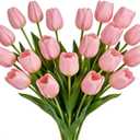 16 inch Fake Tulips Artificial Flowers, 20PCS Real Touch Fakes Tulip Plants for Bridesmaid Bouquet and Wedding Ceremony Festivals Anniversary Bridal Rehearsal Party Bar Table Decor-Pink