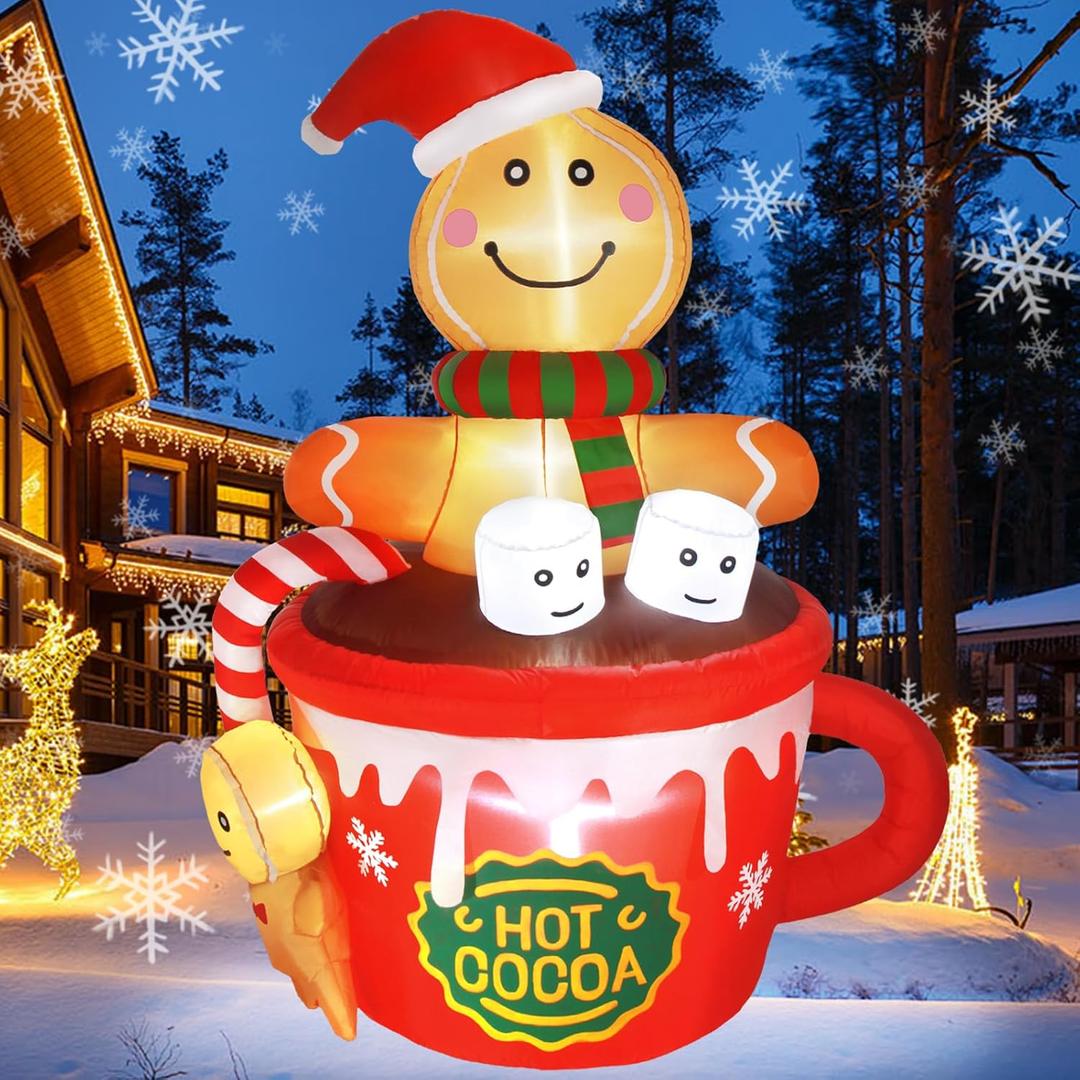 Gardentime 6FT Christmas Gingerbread Man Inflatables Outdoor Decoration Hot Cocoa Cup Cute Giant Xmas Blowups with Builtin LED Lights for Holiday Indoor Yard Lawn Garden Outside Home Décor