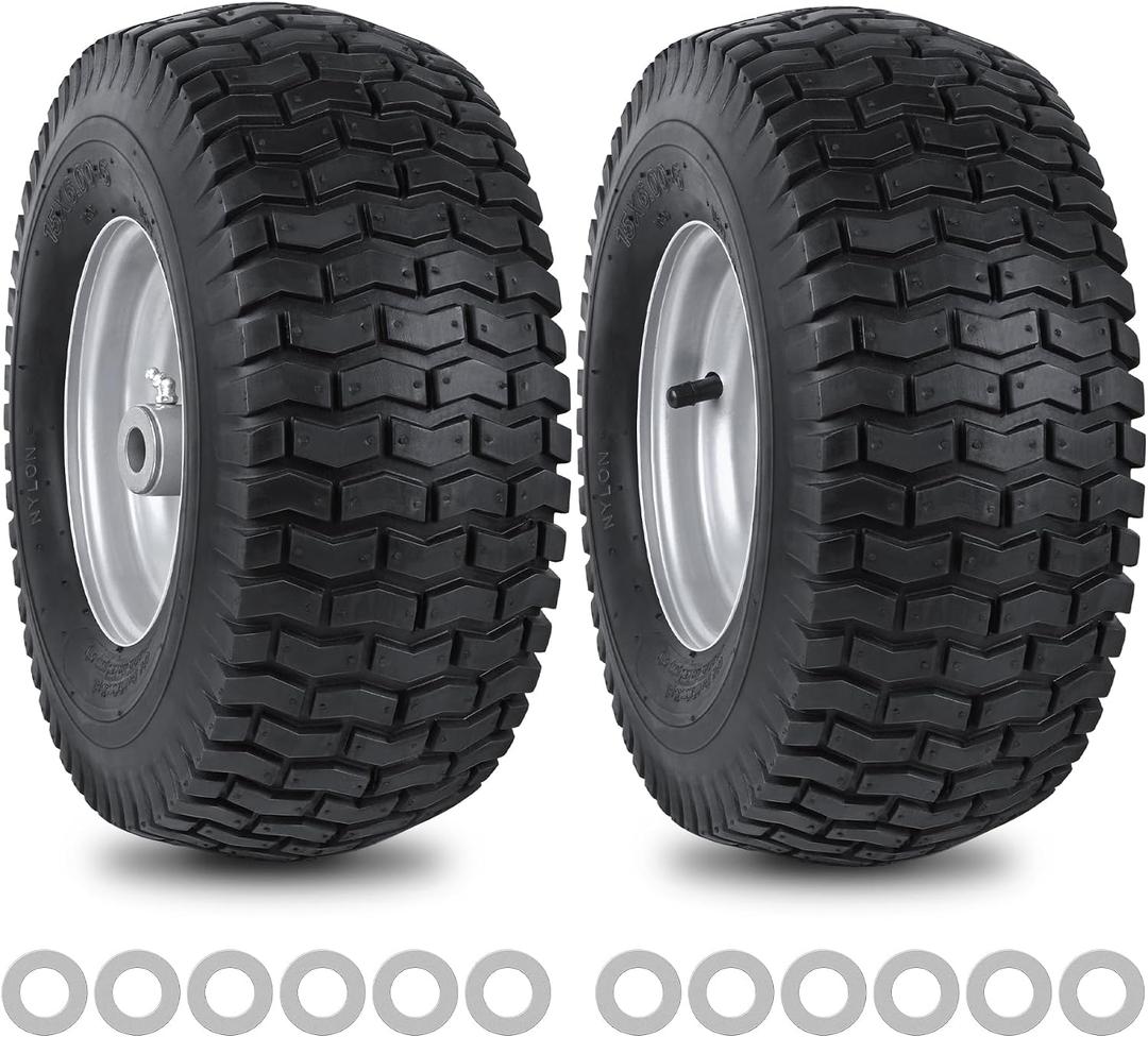 15x6.00-6nhs Lawn Mower Front Tire 4 Ply 15x6x6 Lawn Mower 570 Lbs Tire and Wheel with 3/4" Iron Bushing and 12 Spacers, Replacement for Garden Lawn Tractor Riding Lawn Mowers, 2 Pack