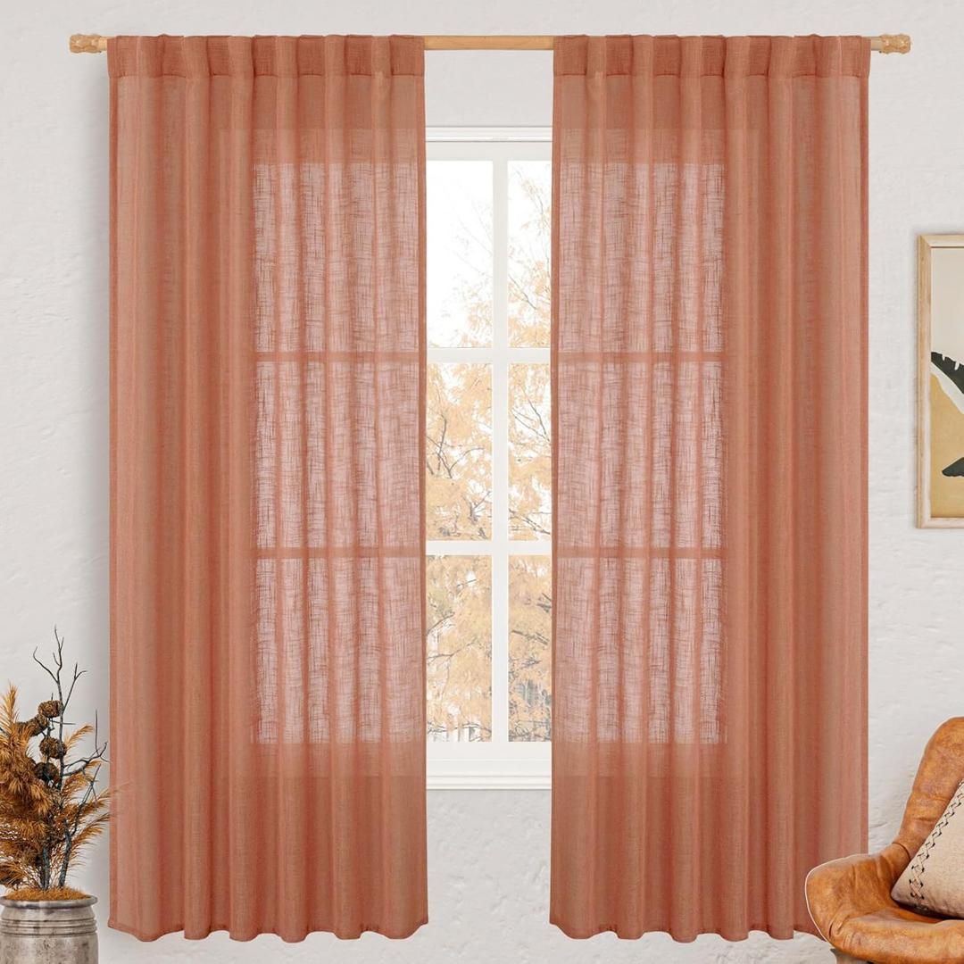 LAMIT Terracotta 72 inch Linen Curtains for Living Room 2 Panels, Linen Textured Light Filtering Semi Sheer Back Tab and Rod Pocket Window Curtain Panels for Bedroom/Farmhouse, 52 x 72 Inch